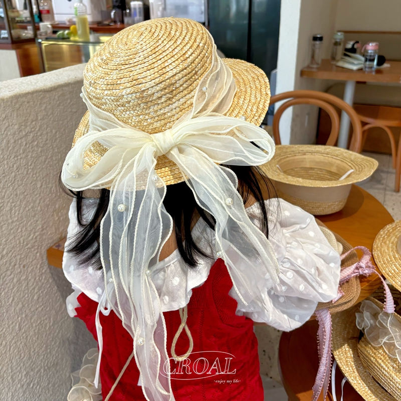 麦秆儿童蝴蝶结珍珠草帽宝宝夏季遮阳帽宝宝沙滩帽女童防晒帽海边