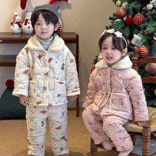 儿童家居服冬季加厚款宝宝三层夹棉加绒睡衣套装男女童保暖两件套