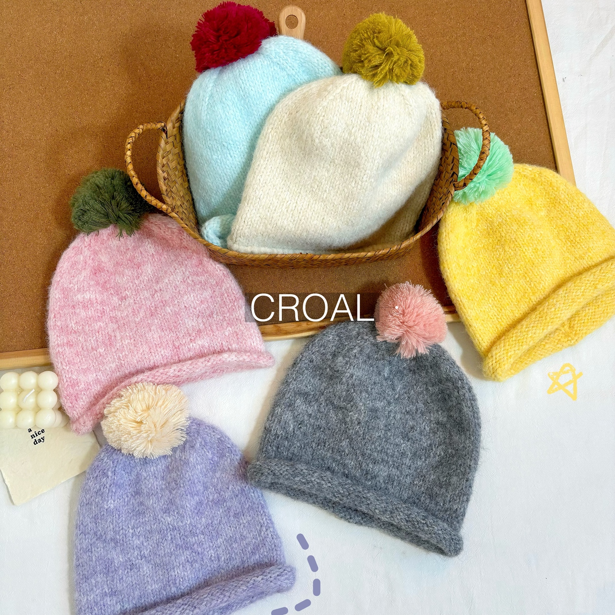 韩系ins儿童针织帽大毛球毛线帽男女宝宝秋冬季彩色套头护耳帽潮