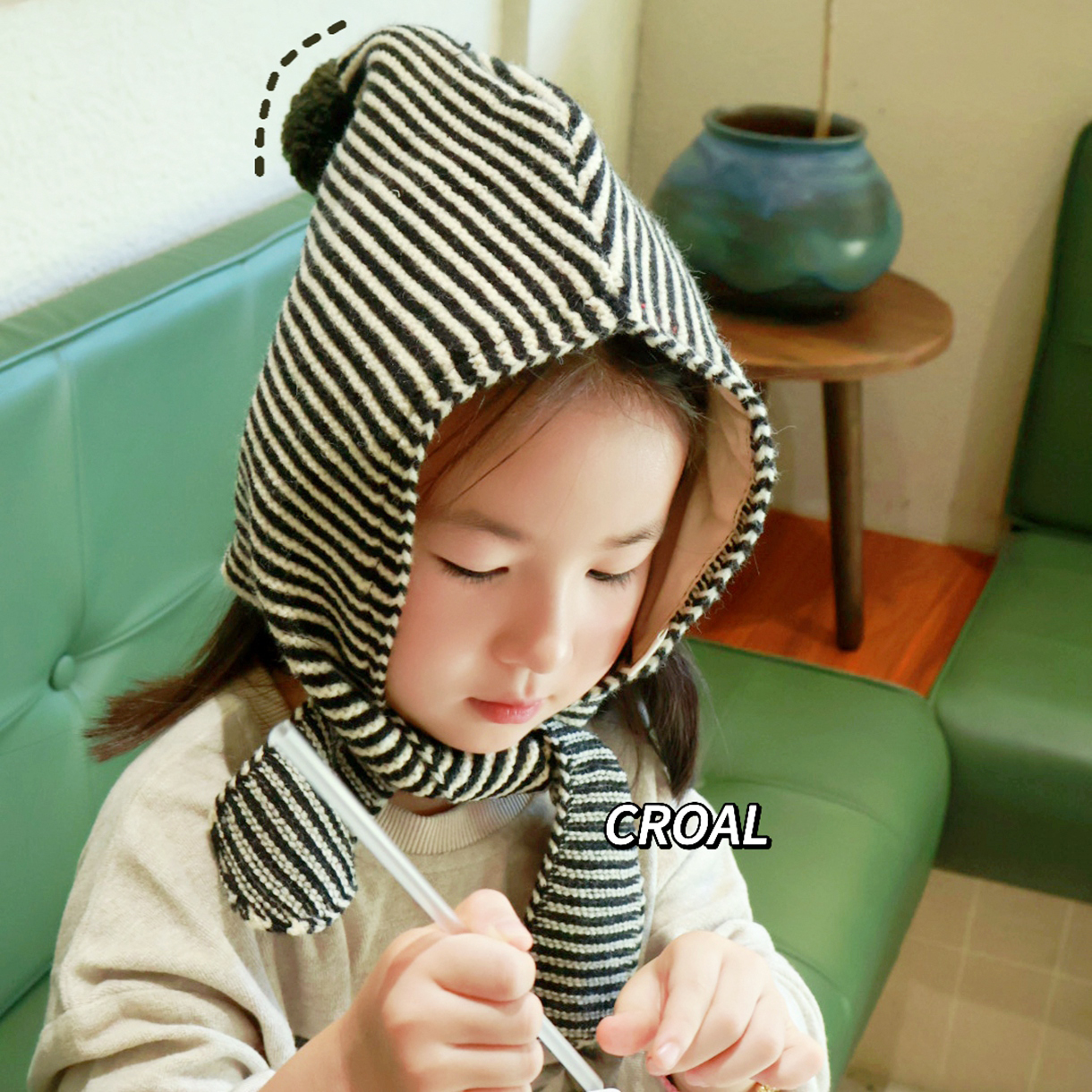 儿童帽子围巾一体针织帽秋冬季洋气条纹保暖男女宝宝精灵护耳帽韩