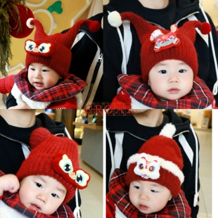 新年宝宝秋冬保暖帽针织帽男女童红色毛线尖尖帽婴儿可爱护耳帽子