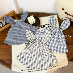 兔子儿童渔夫帽春秋夏ins条纹遮阳盆帽男女童宝宝太阳帽子防晒帽