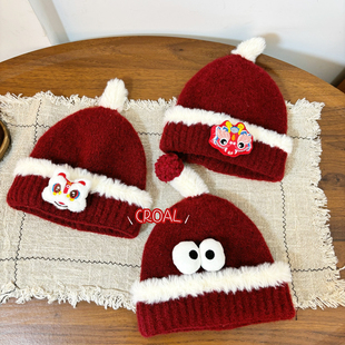 红色春节儿童针织帽子宝宝虎头帽秋冬男女童新年婴儿毛线护耳帽
