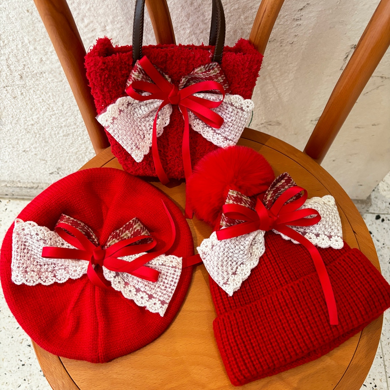 新年春节红色儿童保暖帽子冬蝴蝶结女童毛线帽护耳帽针织贝雷帽