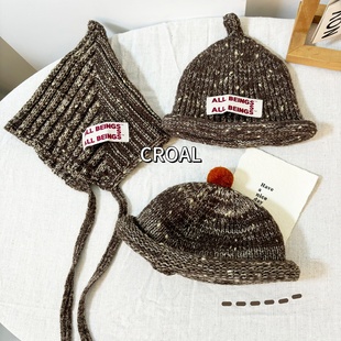 棕色秋冬宝宝帽可爱球球针织帽INS儿童毛线尖尖帽婴儿保暖护耳帽