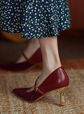 叶青天原创2024春秋新款高跟鞋女婚鞋红色鞋子细跟尖头玛丽珍单鞋