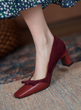 叶青天原创法式小高跟鞋女2024新款春季方头红色婚鞋粗跟气质单鞋