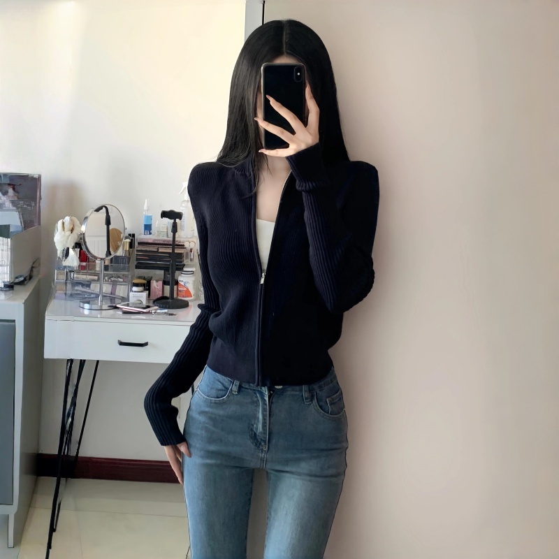 韩版拉链立领长袖短款针织开衫