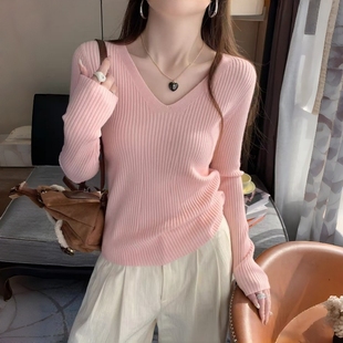 女上衣 egg打底衫 杭州四季 青高端韩货v领设计感毛针织皮草内搭长袖