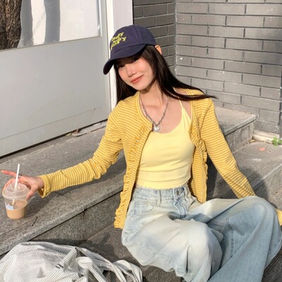 黄色条纹木耳花边修身针织开衫