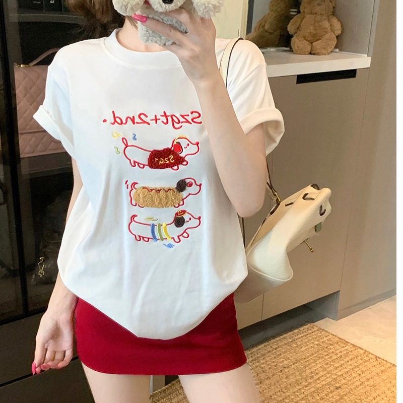 高端韩货刺绣卡通狗狗上衣夏款