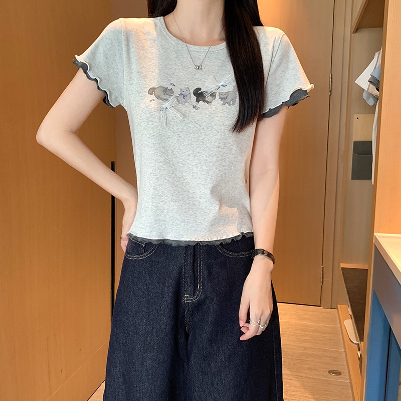 蕾丝蝴蝶结猫咪印花木耳边短T恤