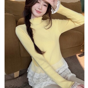 杭州四季青意法高端女装下摆蕾丝拼接木耳边立领长袖针织打底毛衣