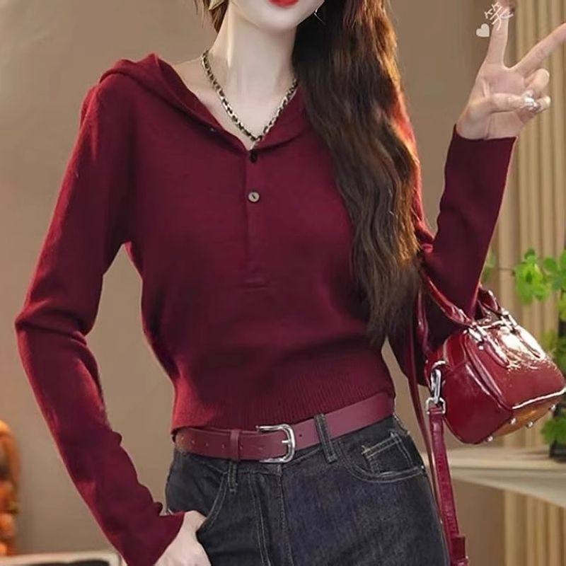 圣诞红新年红连帽修身长袖针织衫