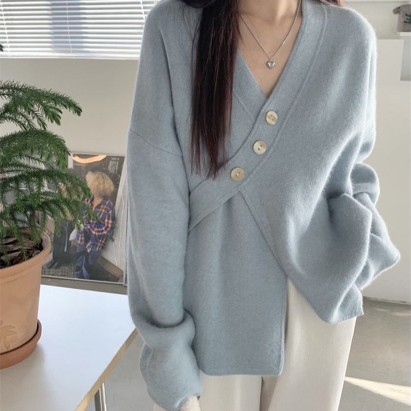 慵懒风不规则设计感v领针织开衫