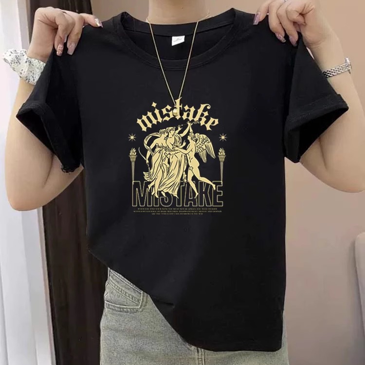 美式复古天使印花纯棉短正肩T恤