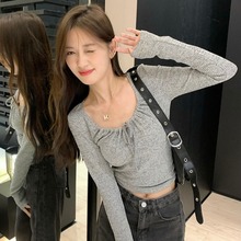 广州十三行小个子短款修身显瘦上衣系带方领设计感长袖针织打底衫
