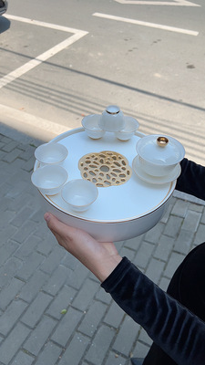 潮州工夫茶具10寸骨瓷蓄水式描金茶盘+璞玉瓷描金茶具