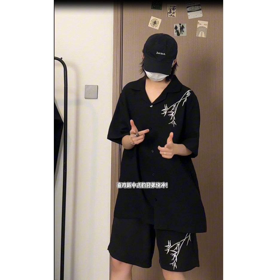 新中式男风翻领短袖衬衫夏季复古竹子绣花短裤套装TZ505-P60,男装牛仔裤,电商A006