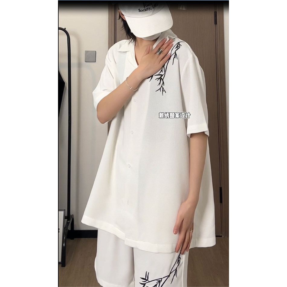 新中式男风翻领短袖衬衫夏季复古竹子绣花短裤套装TZ505-P60,男装牛仔裤,电商A006