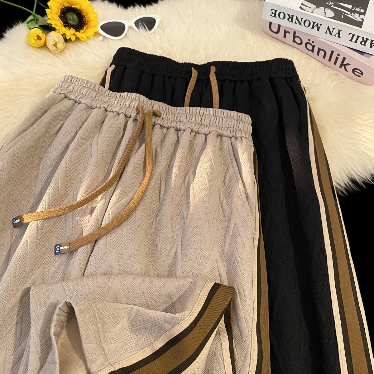 2025春装新款时尚阔腿裤直筒裤织带提花男士休闲裤K6696-P45，男装休闲裤，电商A006