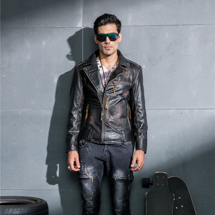 真皮皮衣机车服男款翻领修身短款头层牛皮骑行皮夹克复古做旧外套