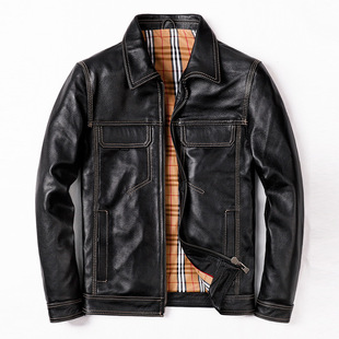 PERCOOL真皮皮衣男黑色翻领商务休闲风短款夹克绵羊皮时尚皮外套