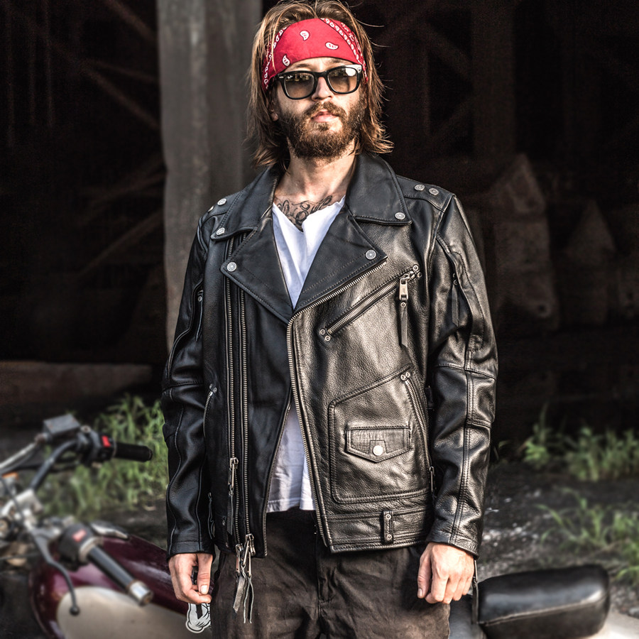 哈雷重机车皮衣男翻领头层牛皮摩托车骑行服真皮皮夹克大码外套潮