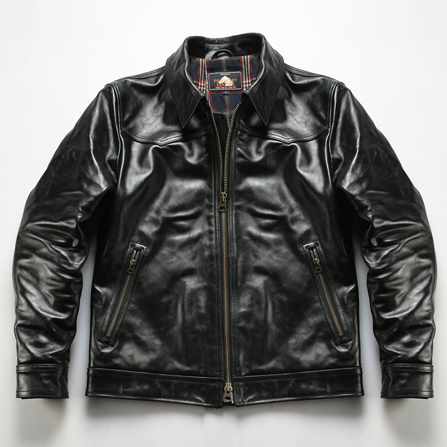 2026休闲茶芯马皮皮衣男油蜡亮面褶皱简约翻领老爹款真皮夹克外套