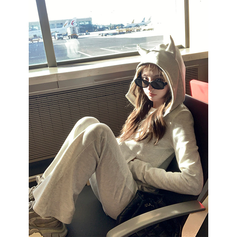 Ashy Snow 小恶魔耳朵连帽卫衣开衫女韩系慵懒风显瘦微喇卫裤套装,女装/女士精品,时尚套装,淘宝优惠券,粉丝福利购,淘宝优惠卷