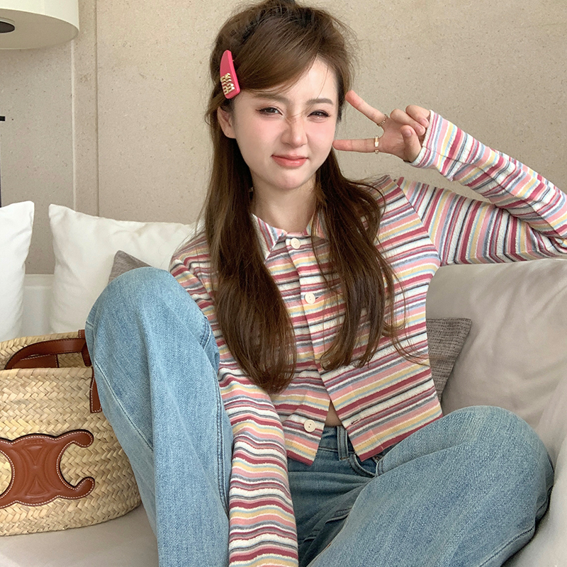 Ashy Snow【清仓折扣】元气嗲妹/彩色条纹polo上衣女甜辣短款T恤