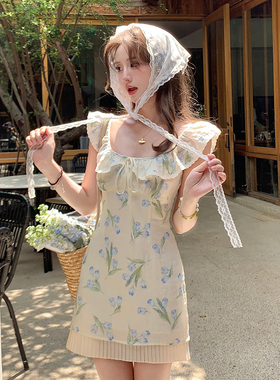 Ashy Snow【清仓折扣】野生铃兰 小飞袖苎麻印花短款收腰连衣裙女