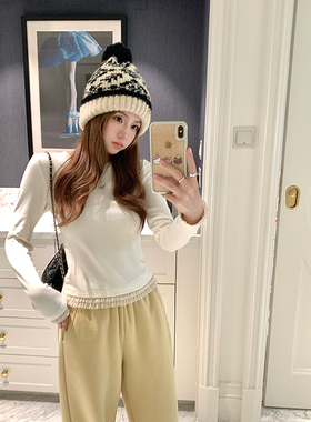 Ashy Snow 奶酥千层 蕾丝花边内抓绒收腰修身T恤女法式内搭打底衫