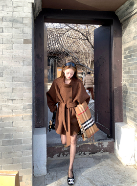 Ashy Snow榛果棕100羊毛双面呢立领收腰中长款大衣宽松慵懒松弛