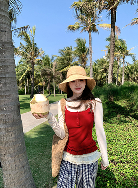 AshySnow 甜莓慕斯 小众修身春季红色木耳边吊带长袖T恤两件套