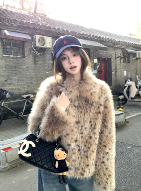 Ashy Snow 小田奶豹 渐变拉链豹纹环保皮草毛毛外套翻领短款