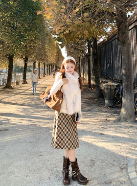 Ashy Snow古着商店 复古卡其色格纹斜裁半身裙中裙磨毛垂顺A字裙