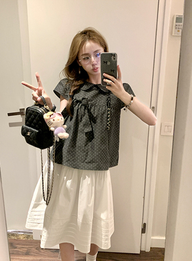 Ashy Snow 格林尼治 灰色波点娃娃领蝴蝶结衬衫上衣格雷系轻薄