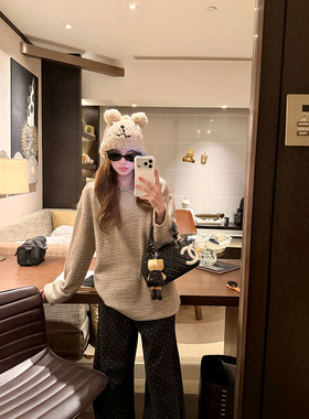 AshySnow舒服过冬~绵软绒感条纹宽松内搭T恤打底衫复古感慵懒软糯