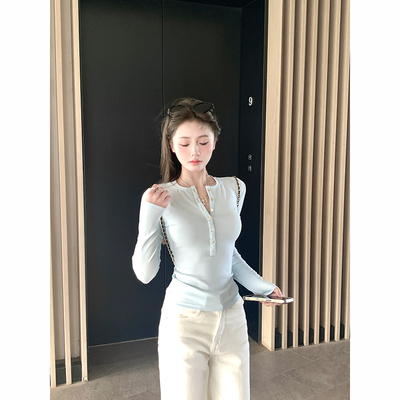 AshySnow浅蓝半开亨利领长袖T恤