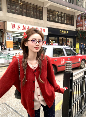 Ashy Snow车厘莓莓 红色蝴蝶结假两件骆驼绒毛衣开衫女软糯针织衫