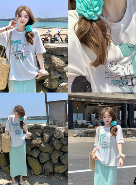 Ashy Snow【清仓折扣】海街diary蝴蝶结印花T恤+薄荷绿半身裙卫裙