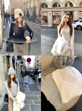 Ashy Snow温暖底牌 100羊毛纽扣圆领显瘦打底针织衫松弛u领