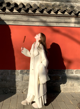 AshySnow京洛佳人设计感金扣牦牛绒羊毛双面呢大衣慵懒宽松气质