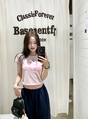 Ashy Snow “我爱工作”粉色美式正肩字母印花短袖T恤豹纹修身