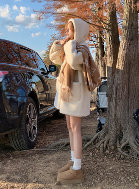 Ashy Snow冰岛少女 奶白色加厚保暖小个子羊羔毛连帽皮毛一体外套