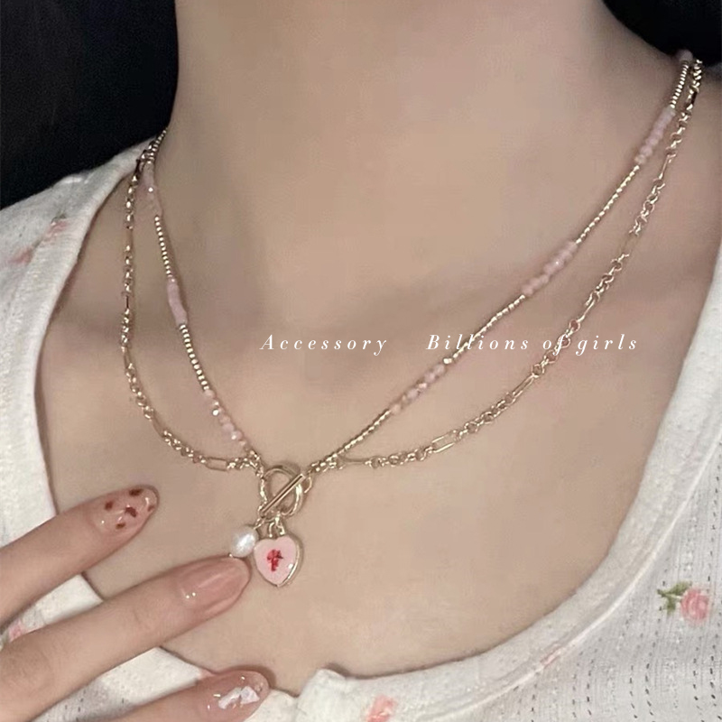 千亿少女#法式少女桃花粉桃心花朵爱心项链女镀金串珠双层ins颈链