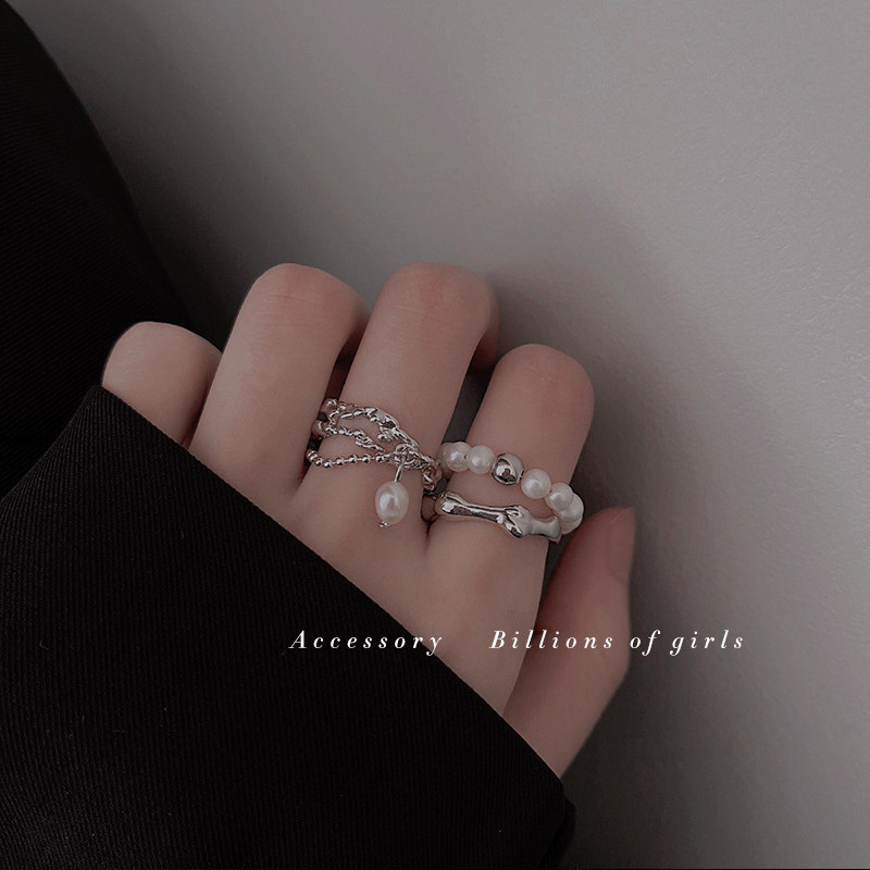 千亿少女#简约冷淡风复古时尚珍珠链条流苏不规则金属戒指女轻奢