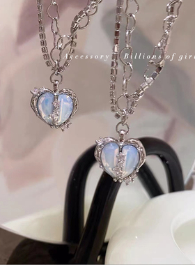 千亿少女#蛋白奶蓝分裂爱心微镶小众设计感项链女气质高级锁骨链