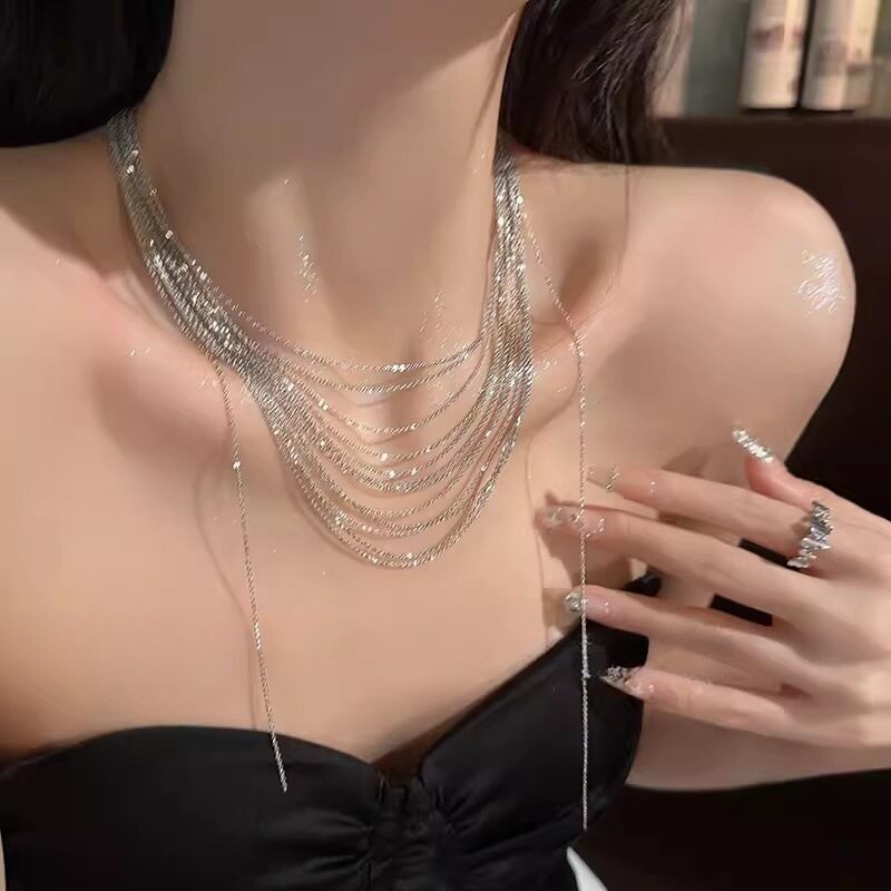 【千亿少女】叠戴多层流苏锁骨链女晚宴礼服项链轻奢小众婚礼颈链